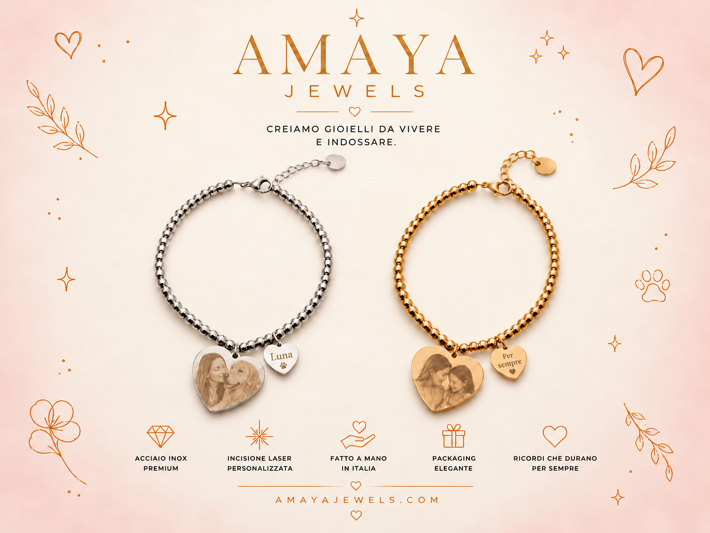 Bracciali gold e silver con fotografie incise su ciondoli a cuore e piccole dediche