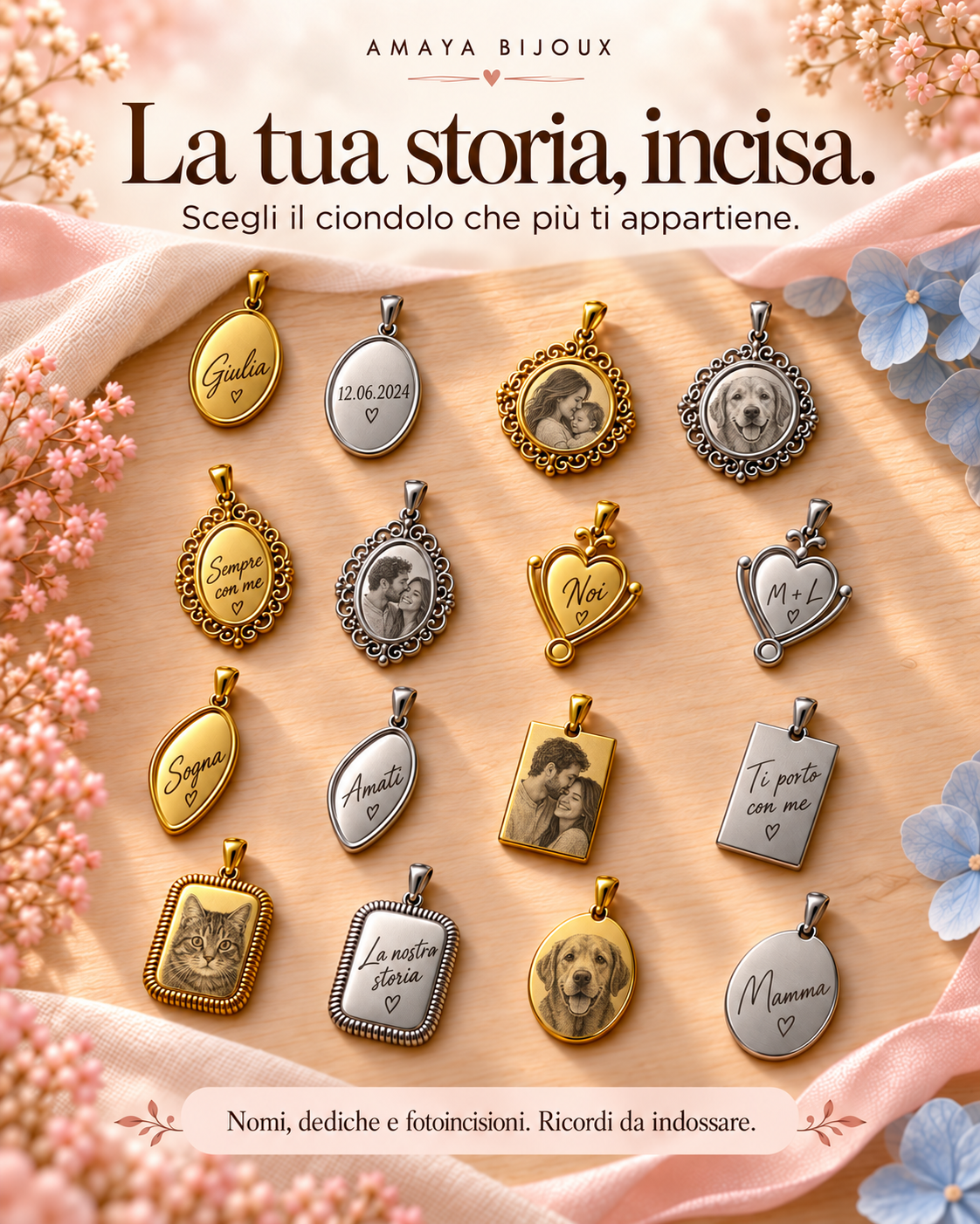Ciondoli gold e silver con nomi, date, dediche e fotografie incise