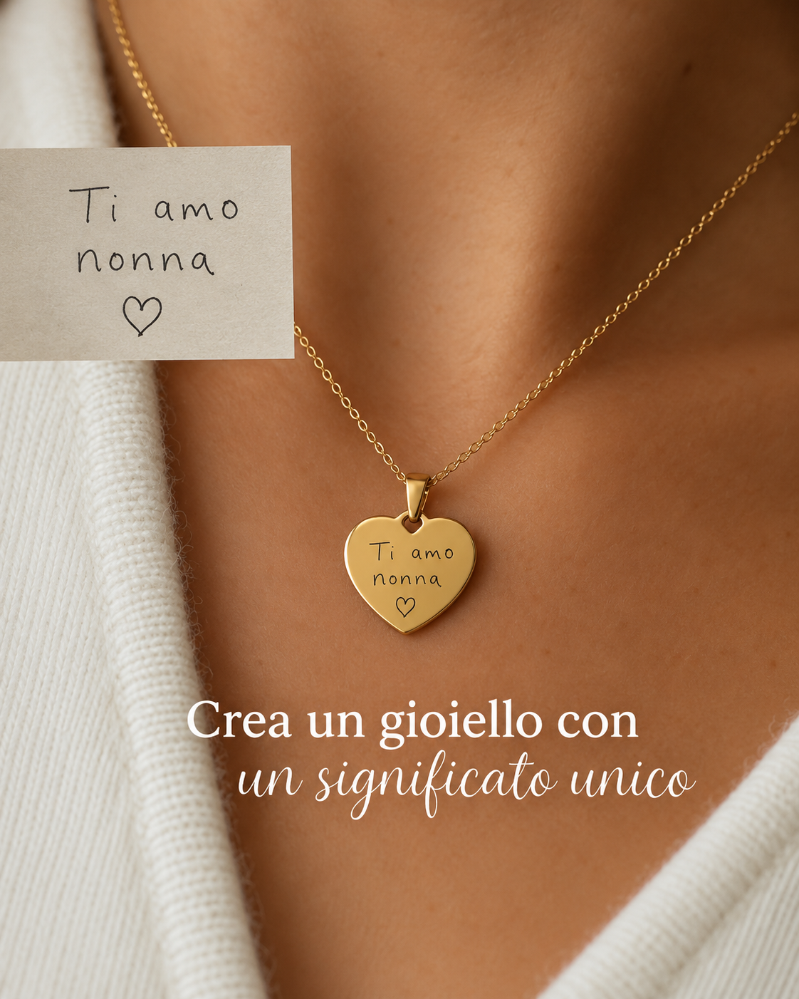 Ciondolo a cuore inciso con Ti amo nonna, affiancato al biglietto originale scritto a mano
