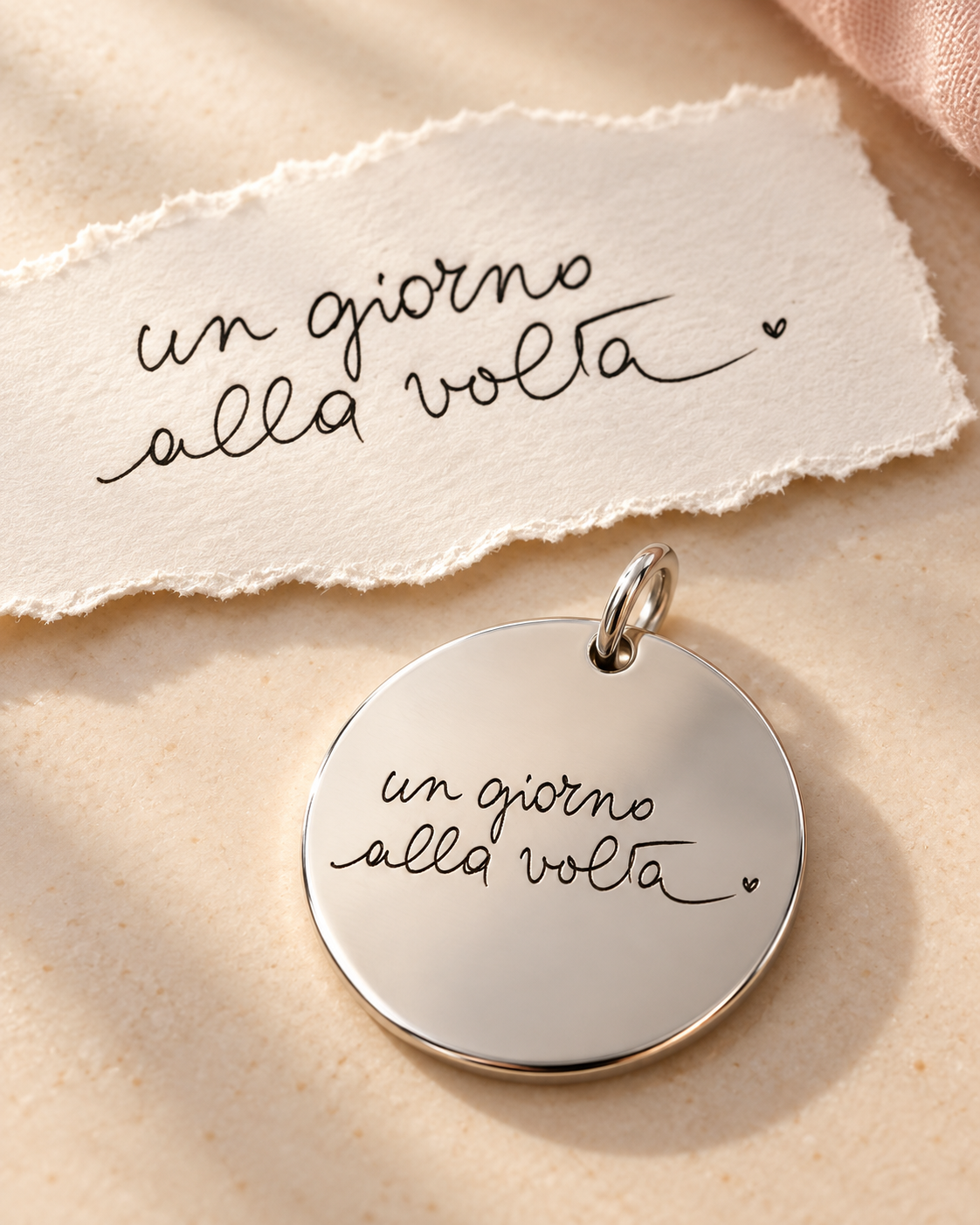 Ciondolo argentato con la frase Un giorno alla volta incisa nella stessa calligrafia del biglietto